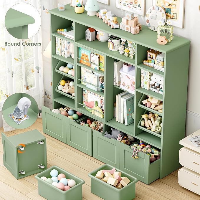 Toy Storage with Sliding Bookshelf, Toy Organizer with 4 Bins | 55.1’’ W Large Toy Storage Organizer Kids Bookshelf with 4 Movable Drawers, Toy Bins Playroom Storage for Kid Room, Green - Image 6