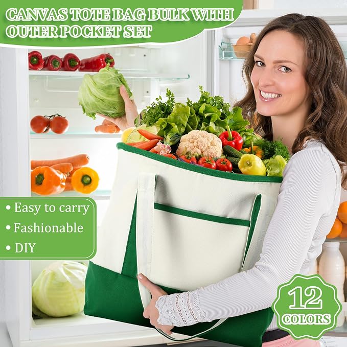 Sanwuta Canvas Tote Bags Bulk with Outer Pockets,Forest Color,12 Pack | Reusable Cotton Grocery Bags, Perfect for Teachers, Party Giveaways, DIY Crafts, Wedding Favors, Business Gifts - Image 6