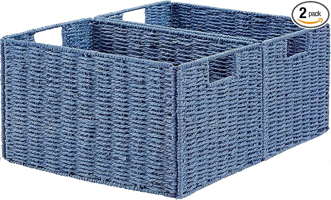 Wicker Storage Basket, Set of 2 Hand-Woven Paper Rope Wicker Basket, Small Storage Baskets for Organizing Toilet Paper Basket, Foldable Large Cube Storage Organizer Bins for Shelves (Blue) by Vagusicc