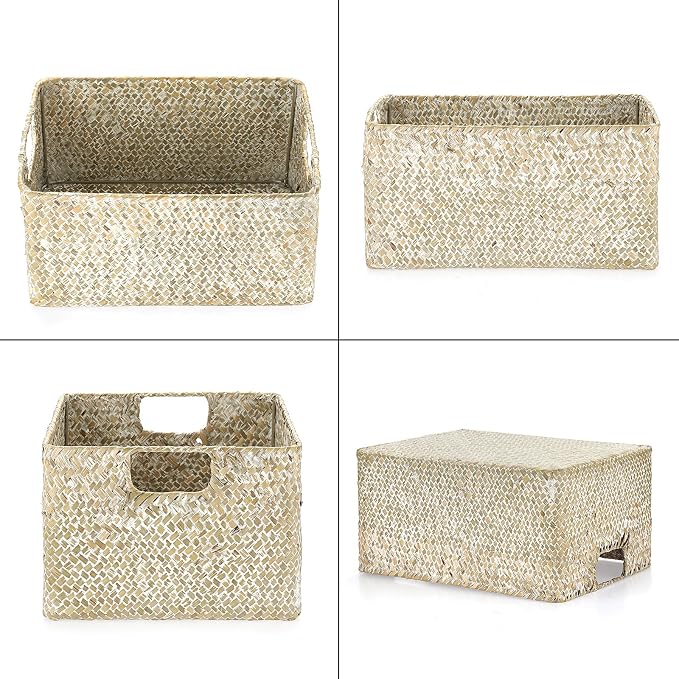 Hipiwe Seagrass Storage Basket Bin Rectangular Handwoven Wicker Storage Box with Handle Opened Baskets for Shelf Organizing Closet Bathroom, 13.3 x 9.8 x 6.7 Inch - Image 5