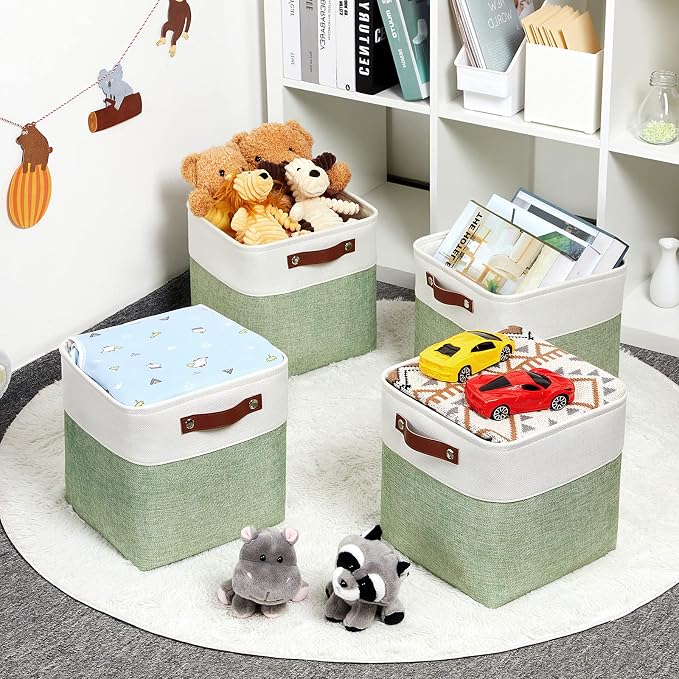DULLEMELO Storage Baskets for Organizing, Fabric Storage Cubes for Box, 11 Inch Decorative Cube Storage Bins with handle for Gift Basket(4 Pack - 11" White&Green) - Image 7