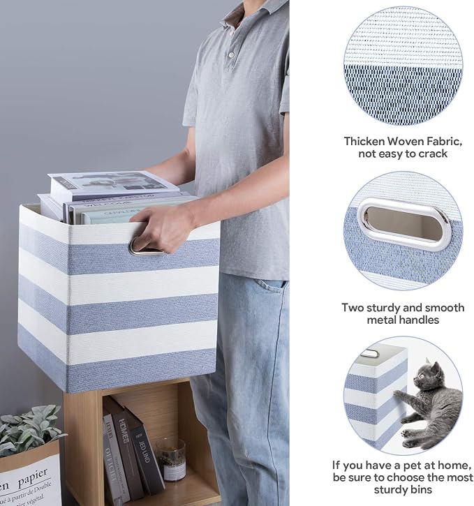 Posprica Storage Basket Bins,11×11 Collapsible Storage Cubes Fabric Drawers for Nurseries,Offices,Closets,Home Décor (Set of 4, Blue-white Striped) - Image 3