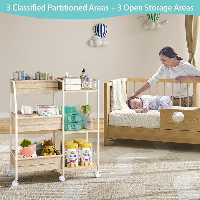 Rolling Nursery Diaper Caddy Organizer Cart, 3-Tier with Dividers - Image 4