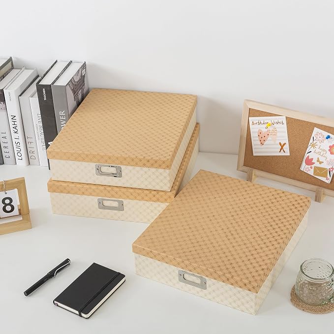Soul & Lane - Geometric Check Scrapbook Storage Boxes with Lids, Set of 3 | Large Decorative Cardboard Letter Box Set for Documents, Photos and Keepsakes, Nesting Memory Organizers for Organizing - Image 4