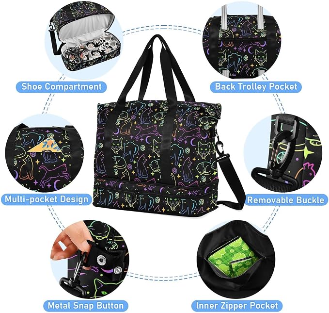 Travel Duffel Tote Bag Witchcraft Black Cats Sports Duffel Bag with Wet Pocket Weekender Overnight Bag for Women Men Gym Bag, Carry On Bag Hospital Bag for Labor and Delivery - Image 4