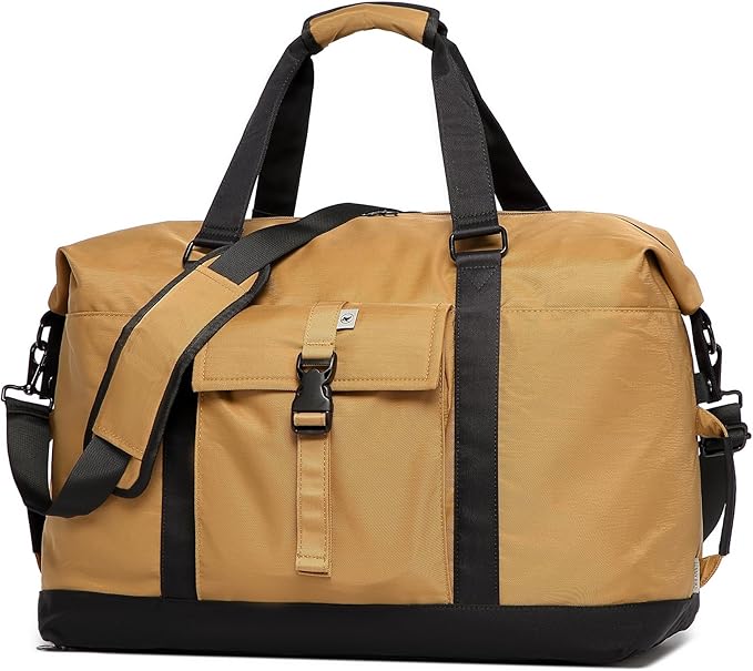 Duffel with Utility Pouch, 40L Weekender Overnight Bag with Shoe Compartment for Travel and Sports (Brown and black) by SUNNYBIRD