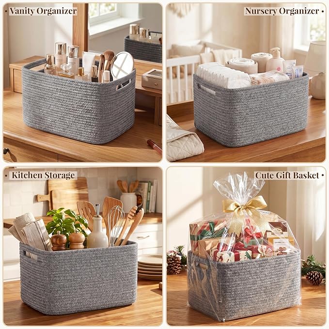 OIASKET 4Packs Natural Cotton Rope Storage Baskets for Organizing Toys, Clothes, Towels & Books, Soft Versatile Organizers for Shelves, Home Decorative Bins, 13''Lx9''Wx7.8''H, Grey - Image 8