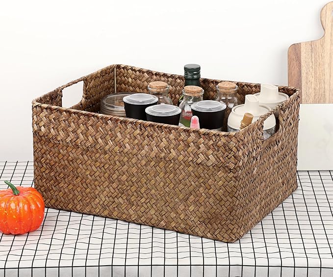 Hipiwe Seagrass Storage Baskets Bin for Shelf, X-Large Woven Wicker Basket | Rectangular Bathroom Baskets Organizer Built-in Handles, Multipurpose Storage Basket Bin, 16.1"L x11.8"W x7.7"H - Image 6