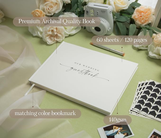 Wedding Photo Guest Book (Eggshell) - 11.5x8.5" White Reception Memory Book | Includes Black Photo Corner Stickers | 140 GSM Thick Paper | 120 Photo Slot & Lined Pages | Hardcover Photo Booth Album - Image 3