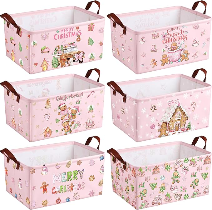 CHENGU 6 Pack Christmas Storage Basket Pink Collapsible Christmas Basket for Gifts Gingerbread Man Holiday Decor Large Gingerbread House Bin Foldable Xmas Tree Box with Handle for Bedroom Office Home by CHENGU