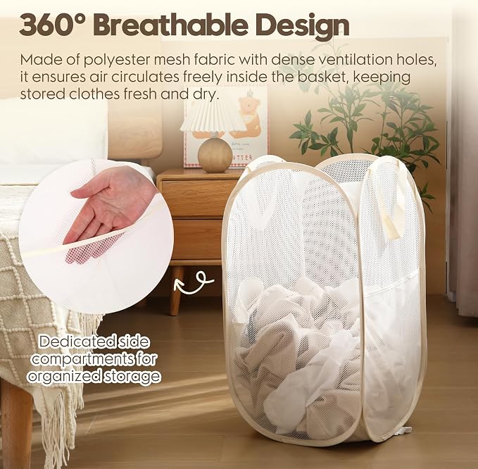 Sea Team 2-Pack BEIGE Collapsible Laundry Basket Set - Foldable Mesh Hamper with Sturdy Support for Bathroom, College Dorm, Home - Image 2