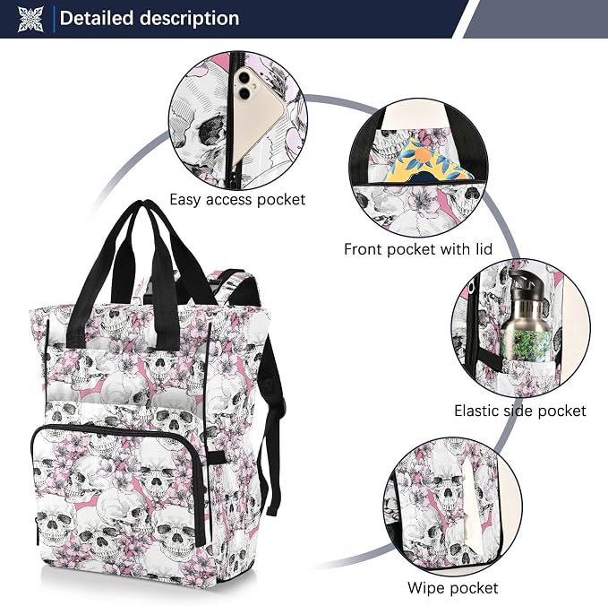 MNSRUU Diaper Bag Pink Floral Skull Diaper Bag Backpack Multifunction Travel Diaper Bag Tote Large Capacity Diaper Changing Backpacks for Moms Dads - Image 2
