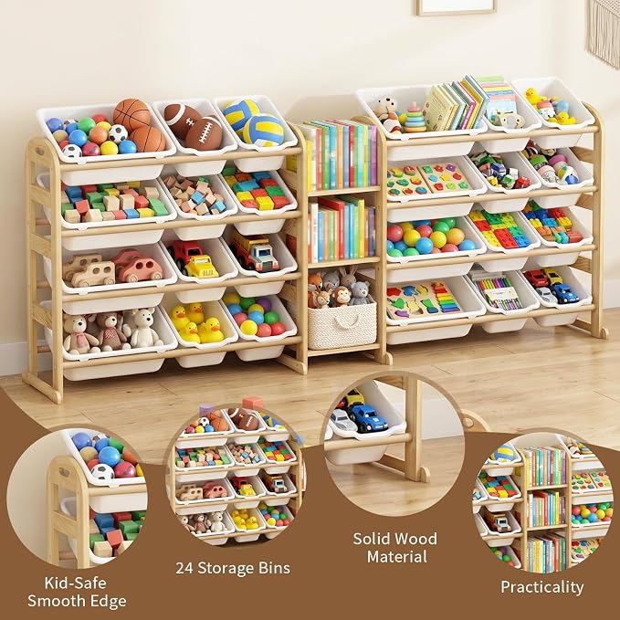 Large Wooden Toy Storage Organizer, 62" W White 3-Shelf Bookcase/Bookshelf with 24 Toy Bins, Large Toy Organizers and Storage, Toy Box for Playrooms, Bedrooms Organization - Image 6
