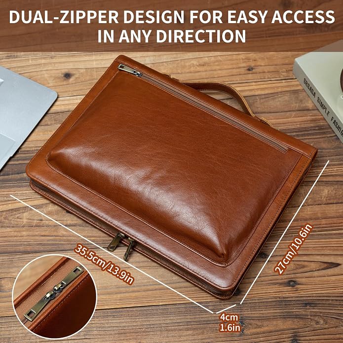 YIWEN Leather Portfolio with Handle, Zippered Front Pocket and Clip - Image 7
