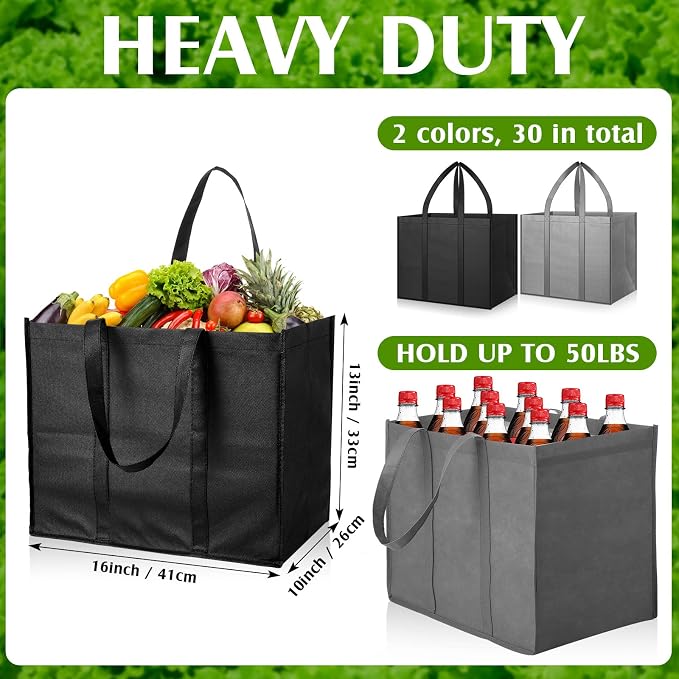 Hillban 30 Pack Large Reusable Shopping Bags Bulk | Heavy Duty Foldable Grocery Bags 16 x 13 x 10 Inch, Washable Portable Storage Totes with Reinforced Handles - Image 3