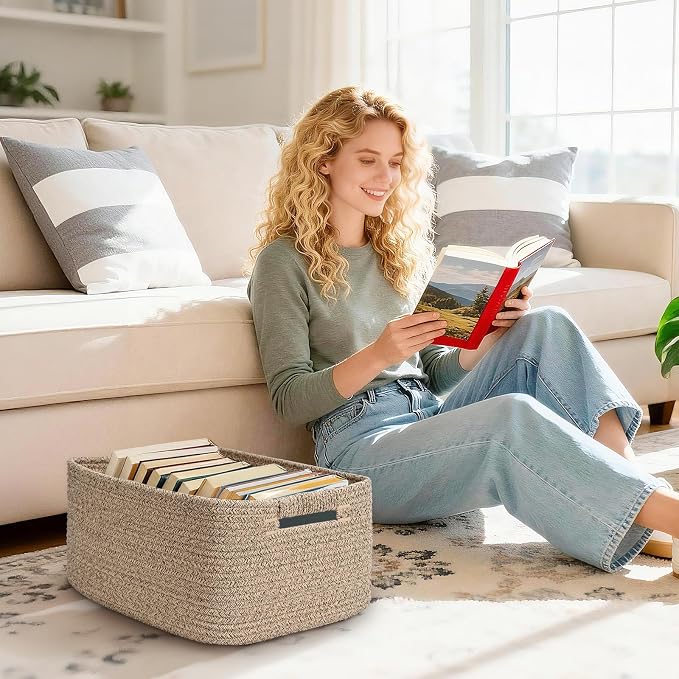 3 Pack Large Storage Basket for Organizing, 17.5"x13"x7" Woven Basket for Shelves, Closet Cube Storage Bins with Wrapped Handle, Cotton Rope Baskets for Kitchen, Clothes, Toys(Natural)) - Image 8