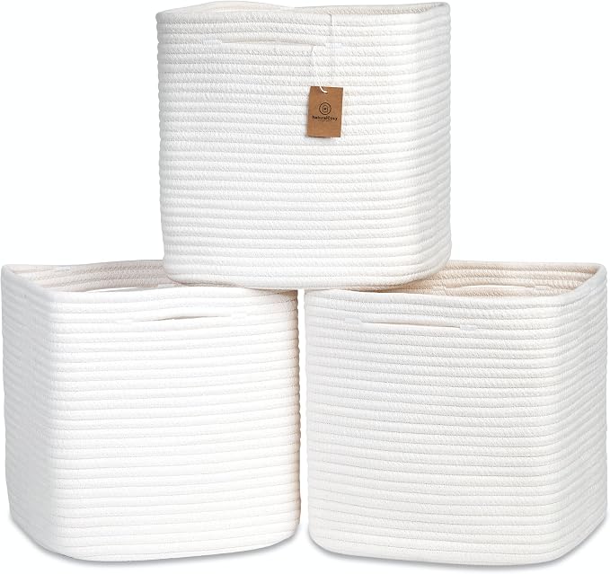 NaturalCozy 13 Inch Cube Storage Bins Cotton Rope Woven Baskets for Organizing 3-Pack | 13 x 13 Storage Cubes | Fabric Square Storage Baskets for Shelves Organizer, Kids Toy Bins, Closet Baby Nursery by NaturalCozy
