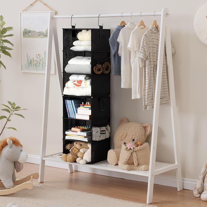 StorageWorks Hanging Closet Organizer 6-Shelf, Separable Two 3 Shelf Closet Storage Organizer with Side Pockets, Portable Hanging Shelves for Clothes, Sweater,12 1⁄2" D x 12 1⁄2" W x 47 ¼"H, Black - Image 2