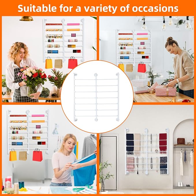 7-Tier Double Row Ribbon Storage Organizer , Wall Mounted Ribbon Organizer | 14 Removable Rods Craft Room Storage Rack. Perfect for Flower Shops, DIY Yarn, Gift Bags & Wrapping Paper Organization - Image 4