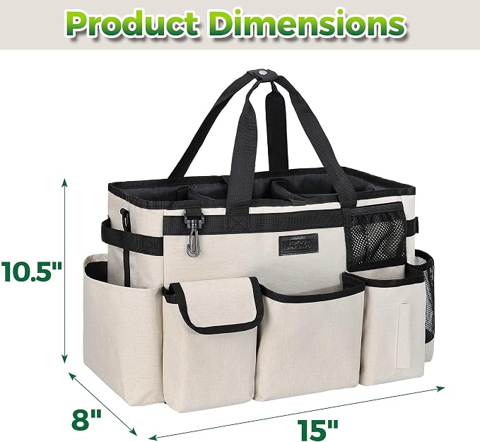 Cleaning Caddy Organizer with Handle - Large Caddy Bag for House & Bathroom Cleaning Supplies, 15 x 8 x 10.5 inches Cleaning Supply Caddy, Housekeeping Tote with Adjustable Strap - Beige - Image 4