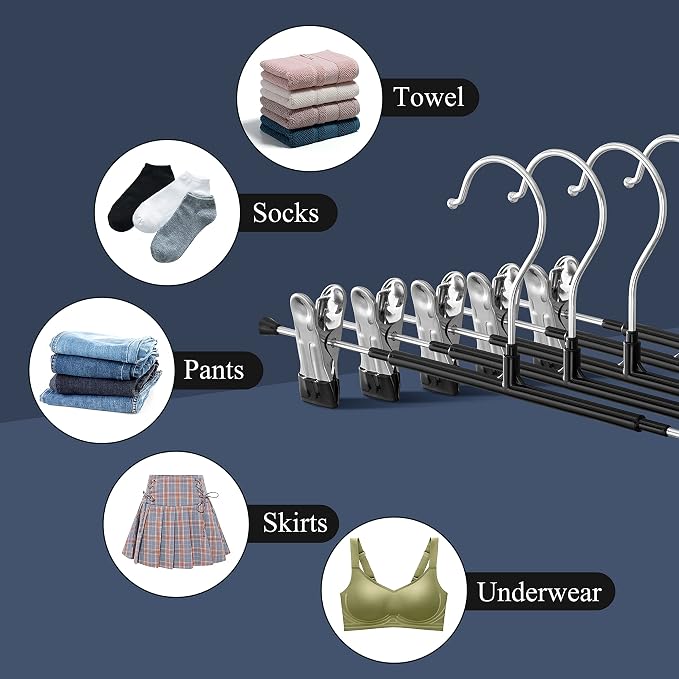 Pants Hangers with Clips Skirt Hangers 14 Inch 10 Pack, Black | Non-Slip,Adjustable metal clips,Space-Saving,Heavy duty, for pants/skirt/dress/trousers/jeans/shorts/Clothes,Women,men - Image 4