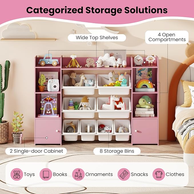 Costzon 56'' Kids Toy Storage Organizer with 8 Removable Bins, 4-Tier Toddler Bookshelf Cubbies, Preschool Children's Montessori Bookshelf w/6 Large Cabinet for Playroom, Daycare, Kids Room, Classroom - Image 3
