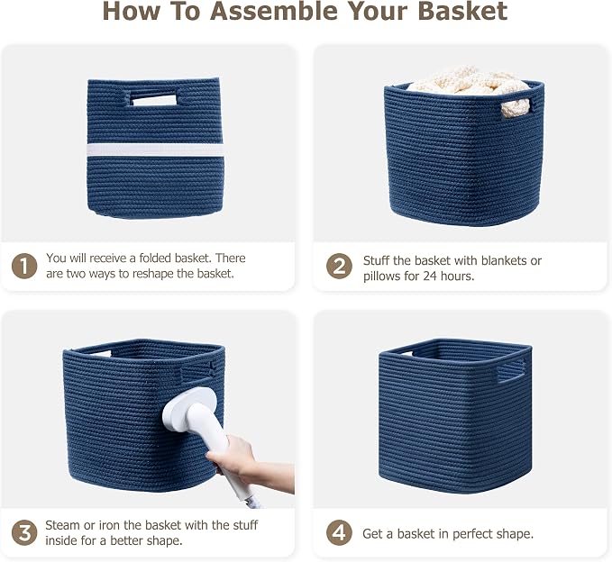 UBBCARE Set of 4 Storage Bins - 13 X 13 X 13 In, Cotton Rope Bins for Shelves, Toys, Books, Cube Storage with Handles, Woven Basket for Organizing, Navy Blue - Image 7