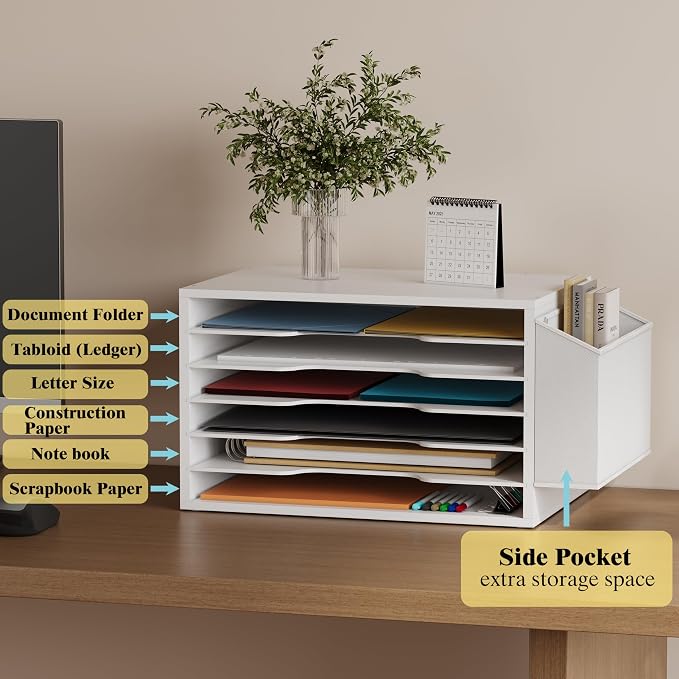 Unionly 12x18 Construction Paper Organizer,Large File Sorter for Office | 6-Tier Adjustable Literature Organizer,Large Wooden File Sorter with Side Pocket,Office Mailbox for Home,Classroom,Office - Image 3