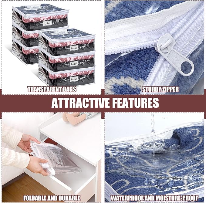 6pcs Clear Zippered Storage Bag Plastic Individual Sweater Storage Bag with Zipper Label Closet Clothing Organizer for Blanket Clothes Bed Sheet Comforter Quilt Pillow(23.6 x 19.7 x 9.8 Inch) - Image 3