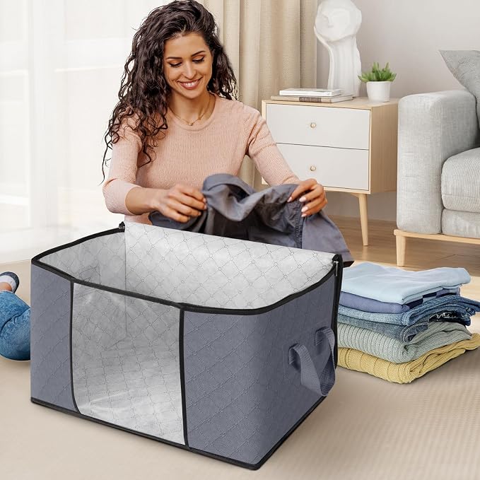 4 Pack Storage Bags for Clothes Blanket Storage Bins with Lids | Foldable Closet Organizers with Zippers,Window and Handles,Fabric Storage Bins for Sweater,Comforter,Bedding,Dorm essentials - Image 3