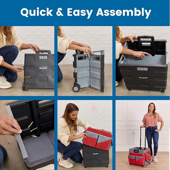 ECR4Kids Universal Rolling Cart with Canvas Organizer Bag, Mobile Storage, Red/Grey | Durable plastic, 30 compartments, adjustable handle, 40 lb capacity, collapses to 3" thick, rolling wheels for easy transport - Image 6