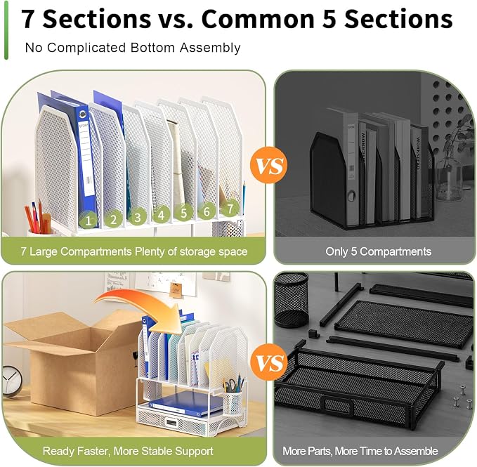 FANXIYQ Metal Desk Organizer with Sliding Drawer, 7-Section File Organizer for Desk, Desktop File Folder & Paper Organizer with 2 Hanging Pen Holders, Office Supplies Organizer, White - Image 5
