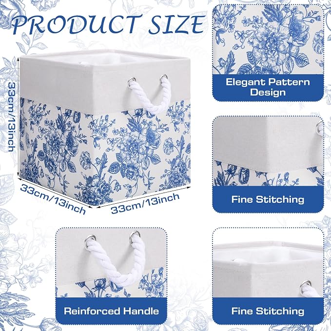 LemonRoad 6 Pcs Blue Floral Cube Storage Bins 13 Inch Square Storage Basket with Handle Preppy Girl Organizer Basket Collapsible Fabric Box for Classroom Bedroom Office Home Decoration Gift - Image 2