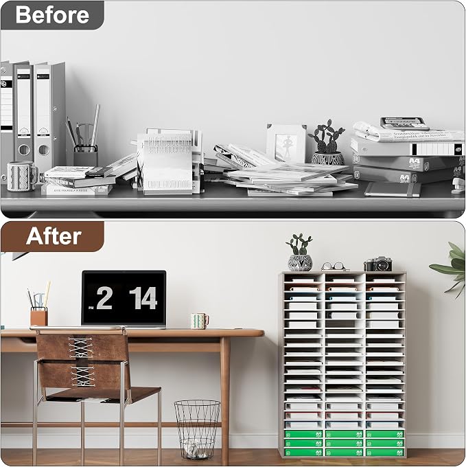 EasyPAG 60 Compartments Wooden Literature Organizer with Adjustable Shelves, 30000 Sheets Capacity Paper Organizer, Classroom Mailbox and Mail Sorter for Teachers and Office, Retro Gray/White - Image 4