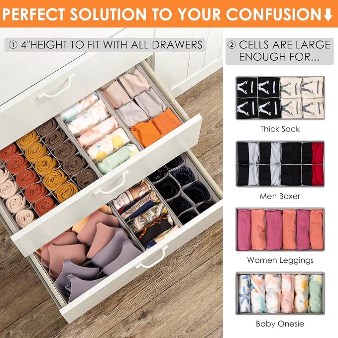 12 Pack Sock Underwear Drawer Organizer Dividers, 116 Cells Fabric Foldable Dresser Closet Organizers and Storage Bins for Baby Clothing, Women Men Underwear Socks, Bra, Ties, Scarf - Image 2