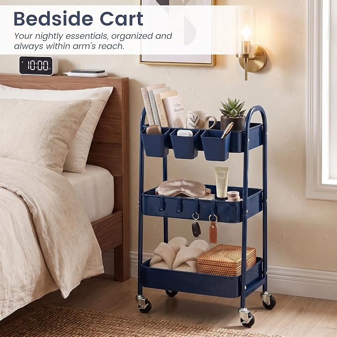 danpinera 3-Tier Rolling Cart, Utility Cart Mobile Metal Rolling Storage Cart with Lockable Wheels & Hanging Cups & Hooks for Kitchen, Bathroom, Office, Workshop, Dark Blue - Image 6