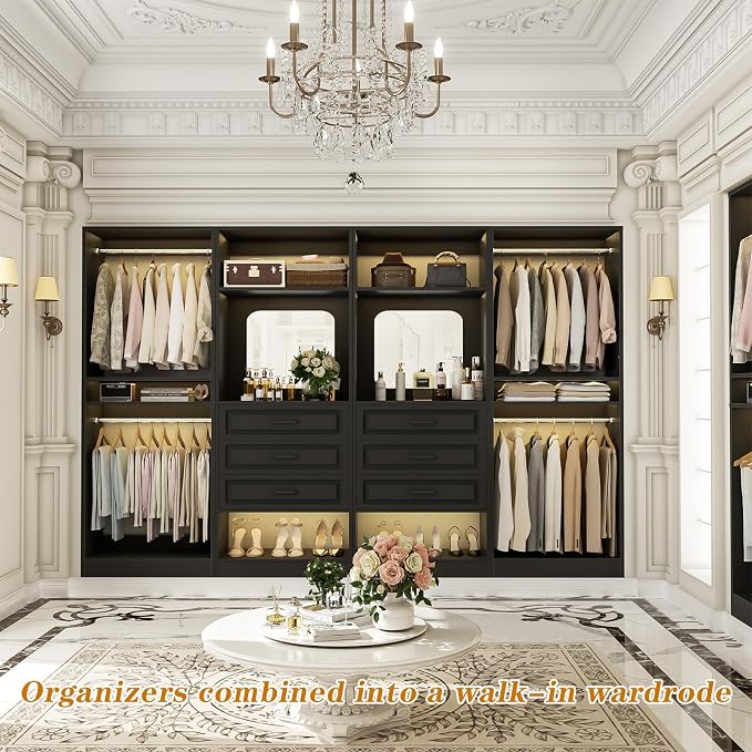 Unikito 100" Wood Closet System with Drawers and Mirror, Black | Large walk in wardrobe organizer with hanging rods and adjustable shelves, sturdy freestanding garment rack tower. - Image 6