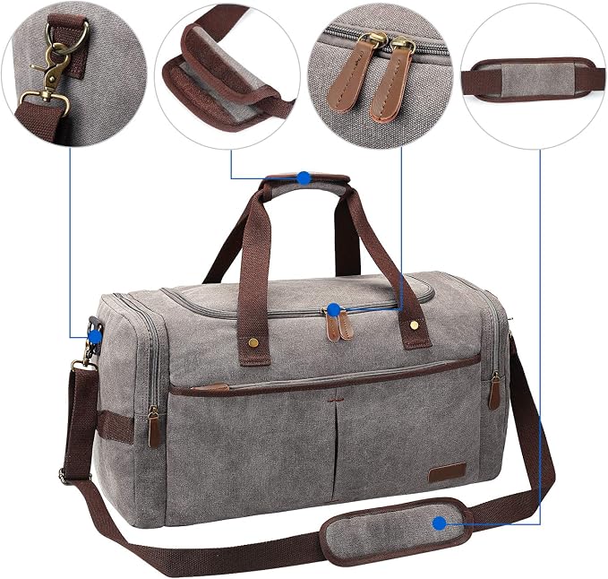 S-ZONE Canvas Duffel Bag for Travel Weekender Overnight Travel Bags for Men | Cotton Canvas, 45L Large Size, Shoes Compartment,Multi-Pocket, Removable Shoulder strap for Gym or Business, Light Gray - Image 5