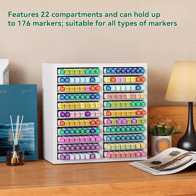 YMYNY Wooden Marker Organizer Desktop Storage White11.81x5.31x11.81 HMR001W | Hold 176 Markers,Pens,Pencils,Art Brushes Stationary Organizer Pencil Holder with 22 Compartments for Home,Classroom - Image 4
