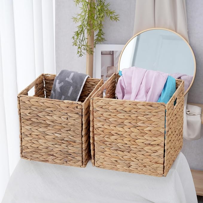 Wicker Storage Cubes, Foldable Storage Bins, 12x12x12 Inch, 2-Pack | 2-pack 12x12x12" foldable water hyacinth wicker cubes; collapsible storage bins for shelves, closets and home organization. - Image 5