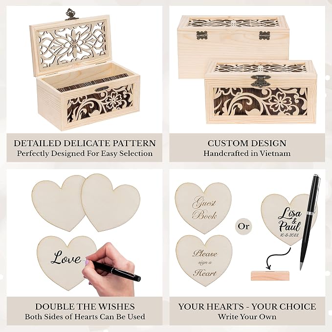 Jecor Alternative Guest Book Box - Wedding Guest Book Alternative - Pattern | 62 Large Wooden Hearts - Baby Shower, Bridal Shower, Anniversary, Birthday, Retirement, Funeral Guest Book Alternatives - Image 4