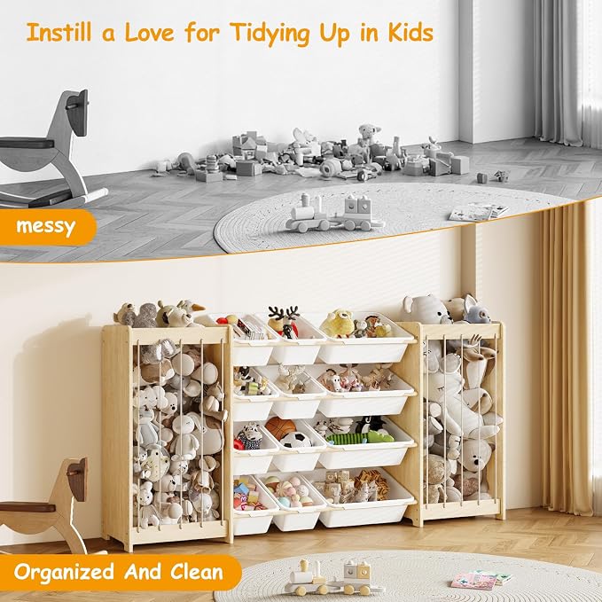 EXPERLAM Large Toy Storage Organizer, Wooden Stuffed Animal Storage & 12-Bins Toy Organizer, Double-Sided Plush Toy Holder Featuring Thicker Ropes, Space Save Playroom Nursery Bedroom Storage, White - Image 7