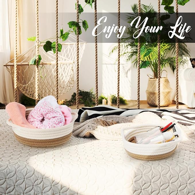 10 Pieces Woven Cotton Rope Basket Shelf Closet Organizer Bins Round Key Bowl for Entryway Table Shallow Montessori Baskets Key Tray for Home Decor Nursery Shelving Storage Organizing, 5 Sizes(Brown) - Image 7