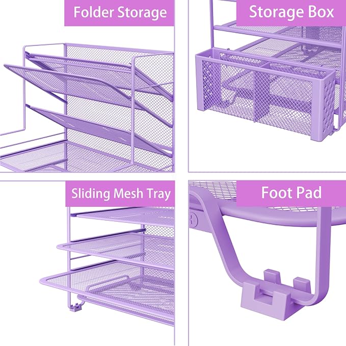 Simple Trending 7 Tier Desk File Organizer, Letter Tray Paper Organizer with Pen Holder and Metal Hanging Basket, Purple - Image 4