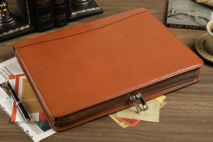 Brown Leather Padfolio for Women/Men, Business Leather Binder 3 Ring Portfolio, Personalized Leather Portfolio Binder, Zippered Portfolio Organizer for A4 Notepad & 13-inch Laptop/Tablet - Image 4