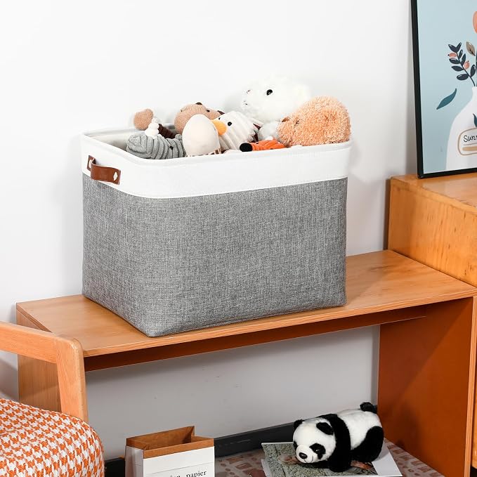 DULLEMELO Large Storage Baskets, Fabric Storage Basket with Leather Handles for Shelves Closet Nursery Toy Storage, Collapsible Fabric Baskets for Toy Book Magazine Towel Organizers(White&Gray) - Image 4