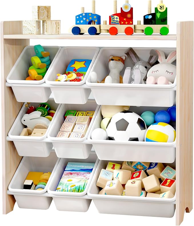 MallBest Kids Toy Organizer with 9 Bins – 4-Tier 100% Solid Wood Storage Shelf for Playroom or Nursery, Natural Wood Kids Storage Cabinet by MallBest