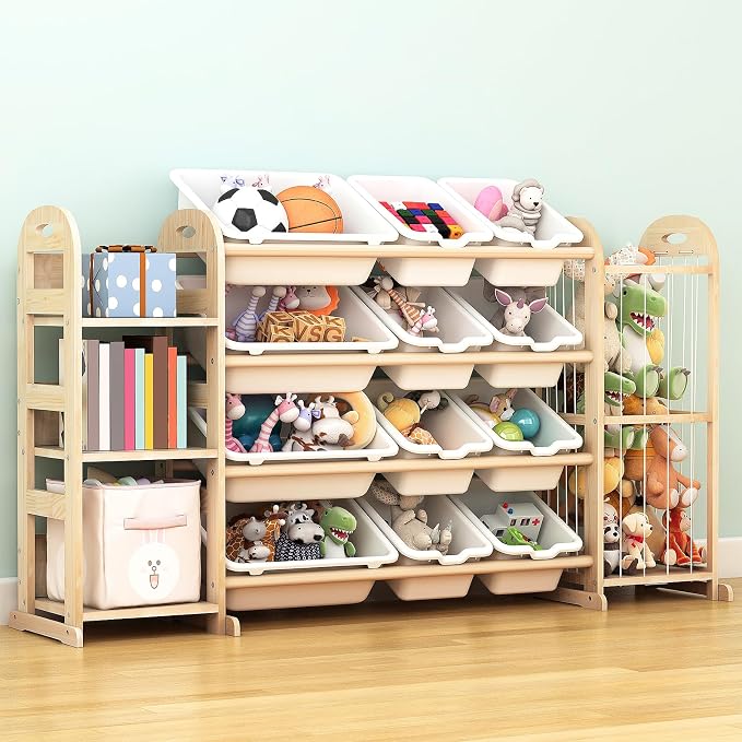 Kids Toy Storage Organizer, Toy Organizers and Storage with Stuffed Animal Storage, Toy Storage Shelf with 3 Shelves, 12 Storage Bins, Kids Bookshelf, Toy Holder for Playrooms, Bedrooms, White - Image 8