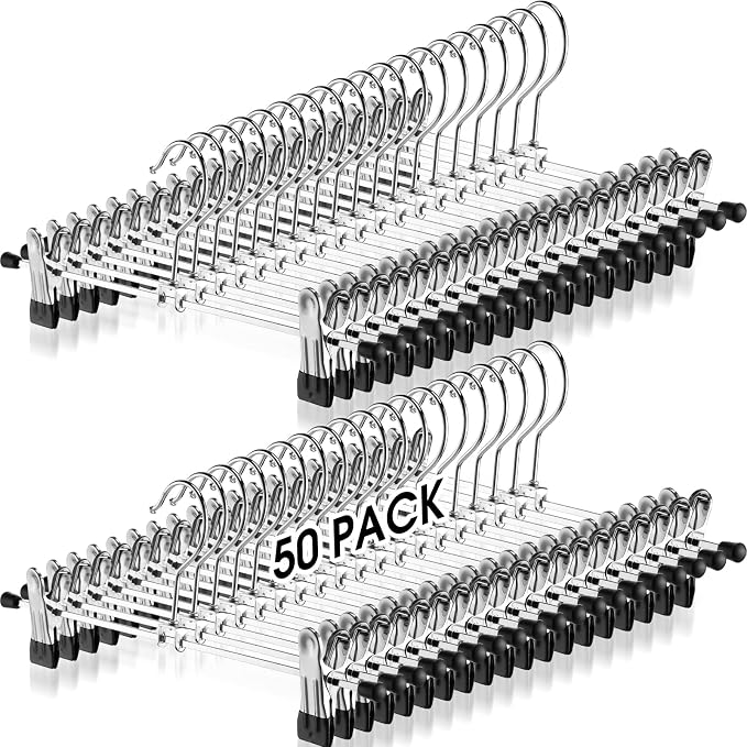 Weysat 50 Pack Pant Hangers with Clips Metal Skirt Pants Hangers Bulk | Adjustable Hangers for Space Saving, Heavy Duty for Clothes, Jeans, Closet Organizer, Silver and Black by Weysat