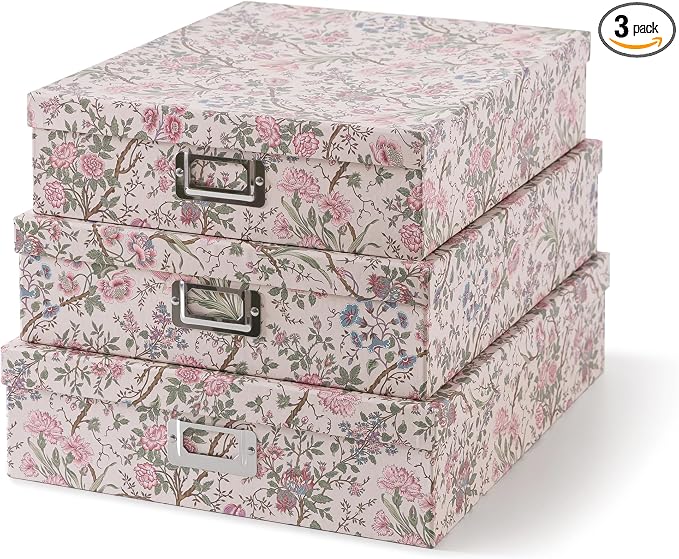 Soul & Lane - Nesting Floral Photo Storage Boxes with Lids, Set of 3 | Large Decorative Cardboard Memory Box Set for Keepsakes, Documents and Scrapbook Paper, Pretty Letter Organizers for Decor by SoulLane